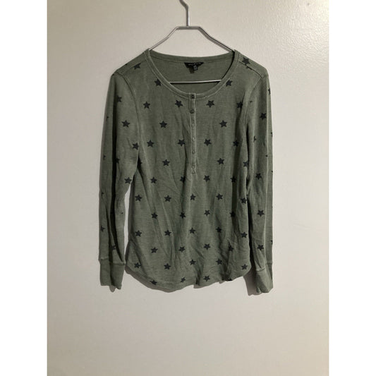 Lucky Brand Green Stars Raw Hem Long Sleeve Ribbed Henley Waffle Weave Size M