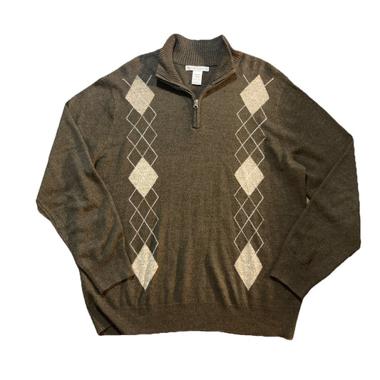 Geoffrey Beene Sweater Men's Size XL Brown Pullover Extra Soft Argyle 1/4 Zip