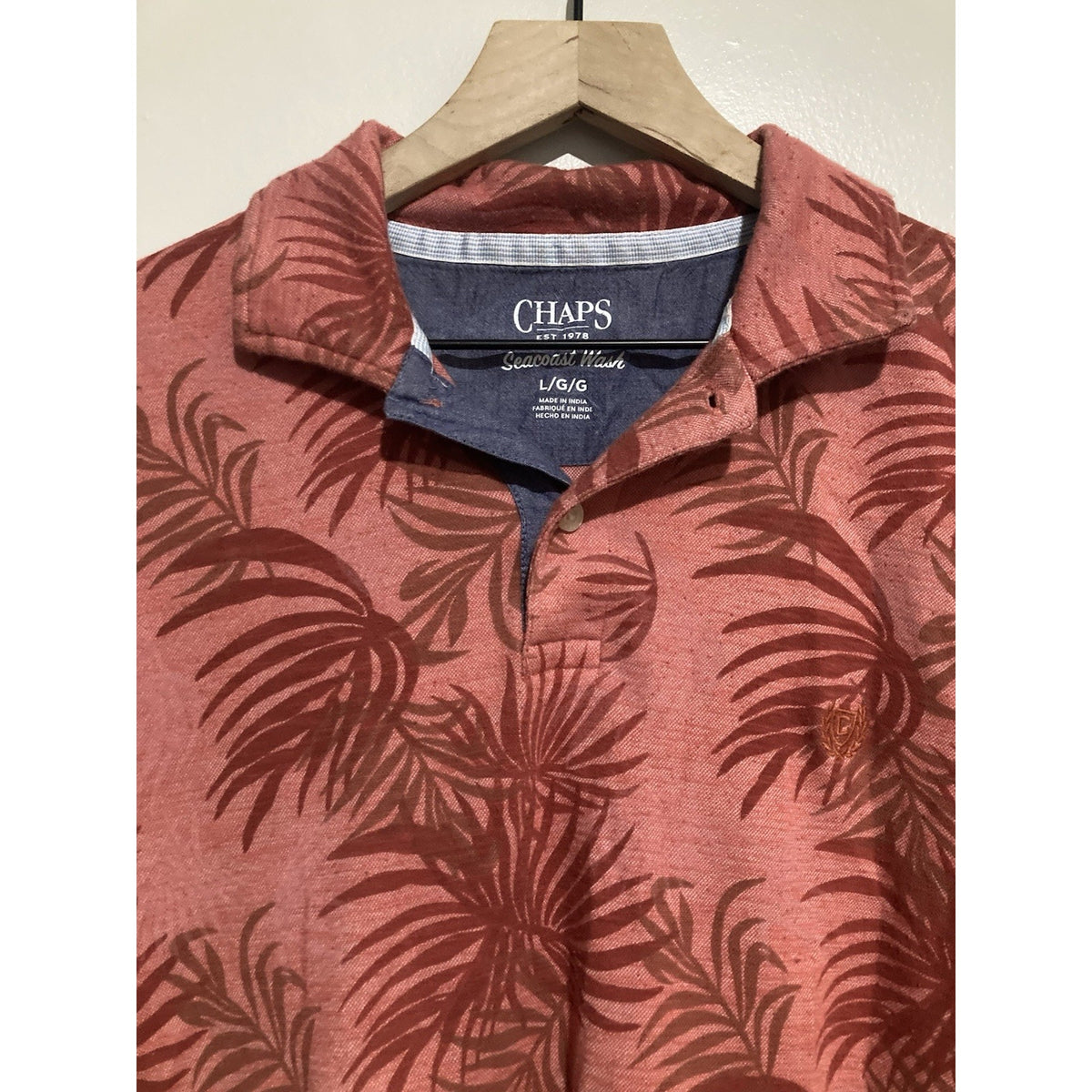 Chaps Tropical AOP Polo Mens L Red Coral Palm Leaf Seacoast Wash Hawaiian Shirt