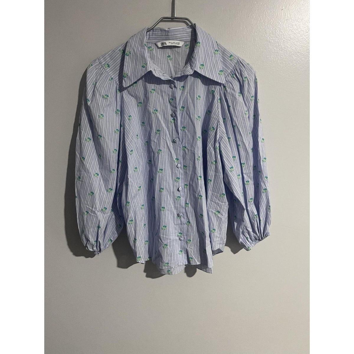Zara Button-Up Womens S Blue Striped Balloon Sleeve Collared Cotton Relaxed