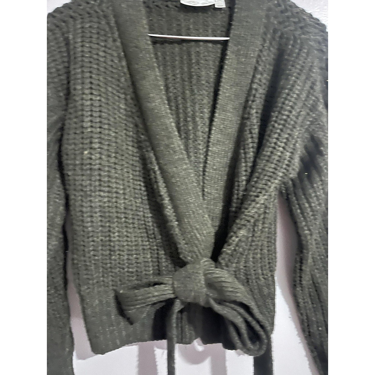 RD Style Cardigan Womens XS Green Waffle-Knit Belted Open Heavyweight Bow Accent