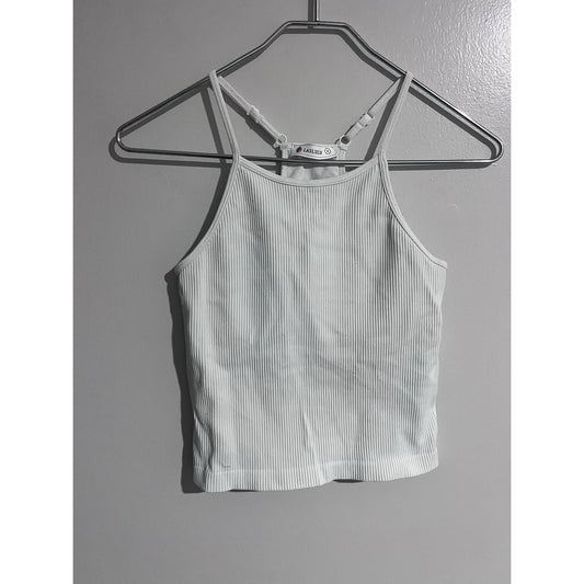 LASLULU Tank Womens S White Ribbed High Neck Adjustable Strap Slim Knit Summer
