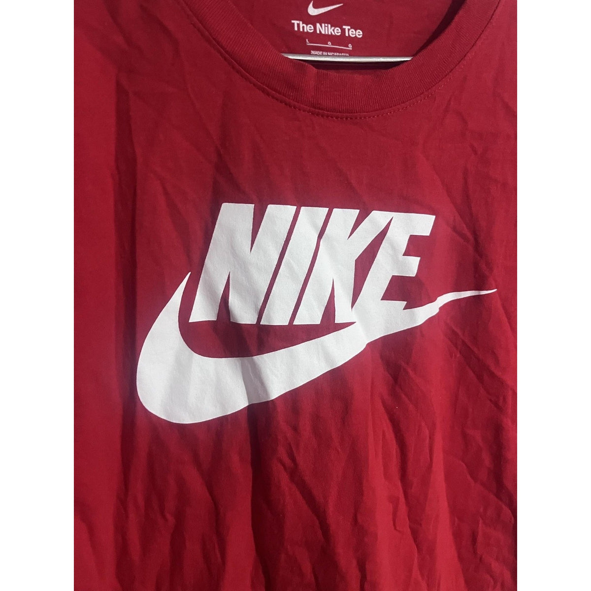 Nike Shirt Mens L Red Short Sleeve Graphic Crew Neck Cotton Tagless Jersey Logo