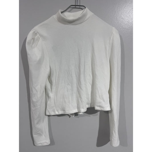 Mi Ami T-Shirt Womens L White Cropped Turtleneck Puff Sleeve Backless Tie