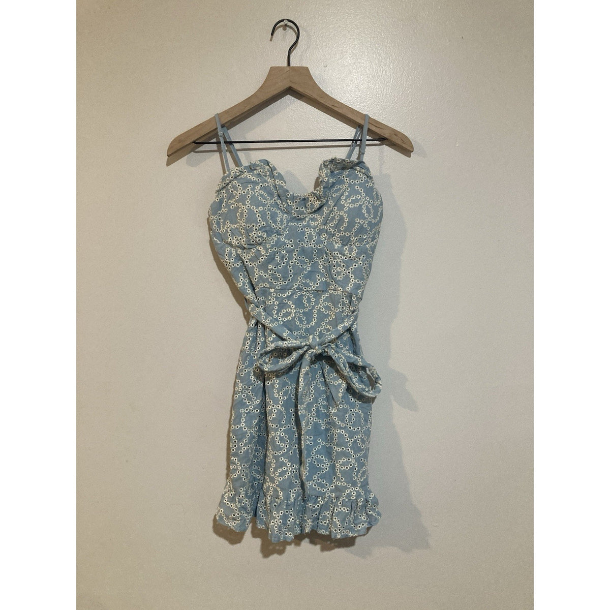 Rue21 Light Blue Eyelet Ruffle Tie Waist Mini Dress Size XS Sundress Baby Blue