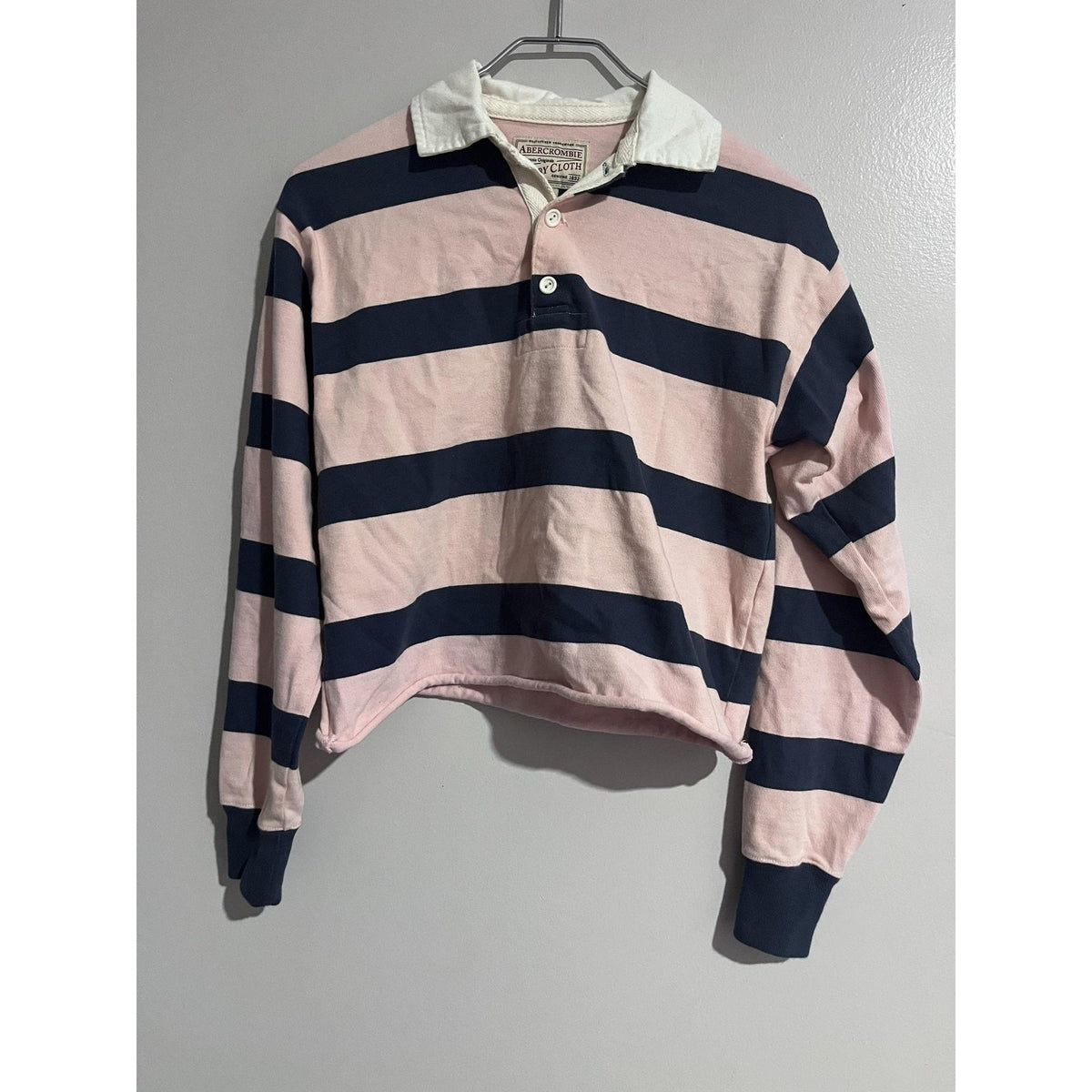 Abercrombie Polo Womens XS Pink Navy Striped Rugby Shirt Long Sleeve Jersey