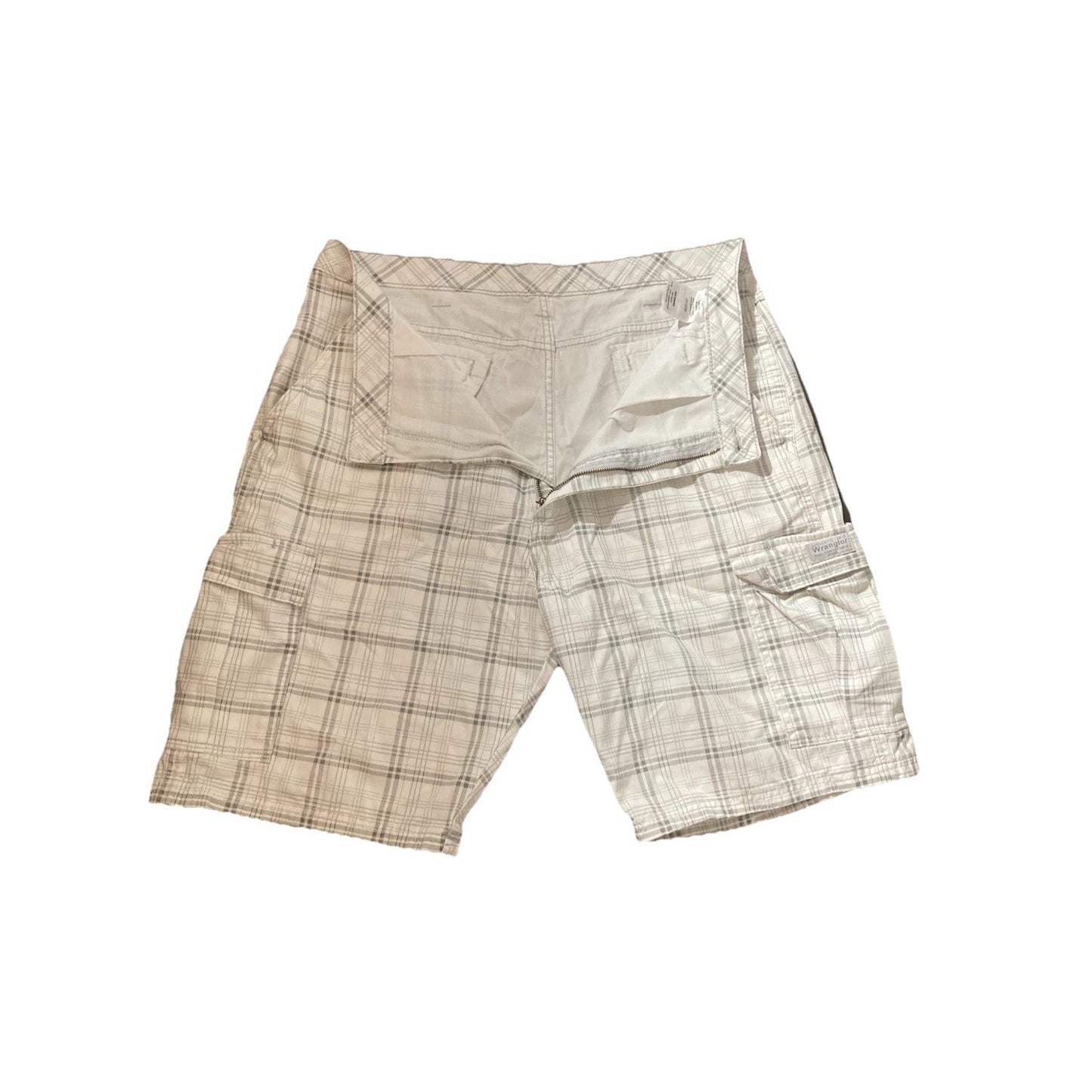 Wrangler Plaid Cargo Shorts Mens Sz 36 White Gray Utility Casual Outdoor Preppy