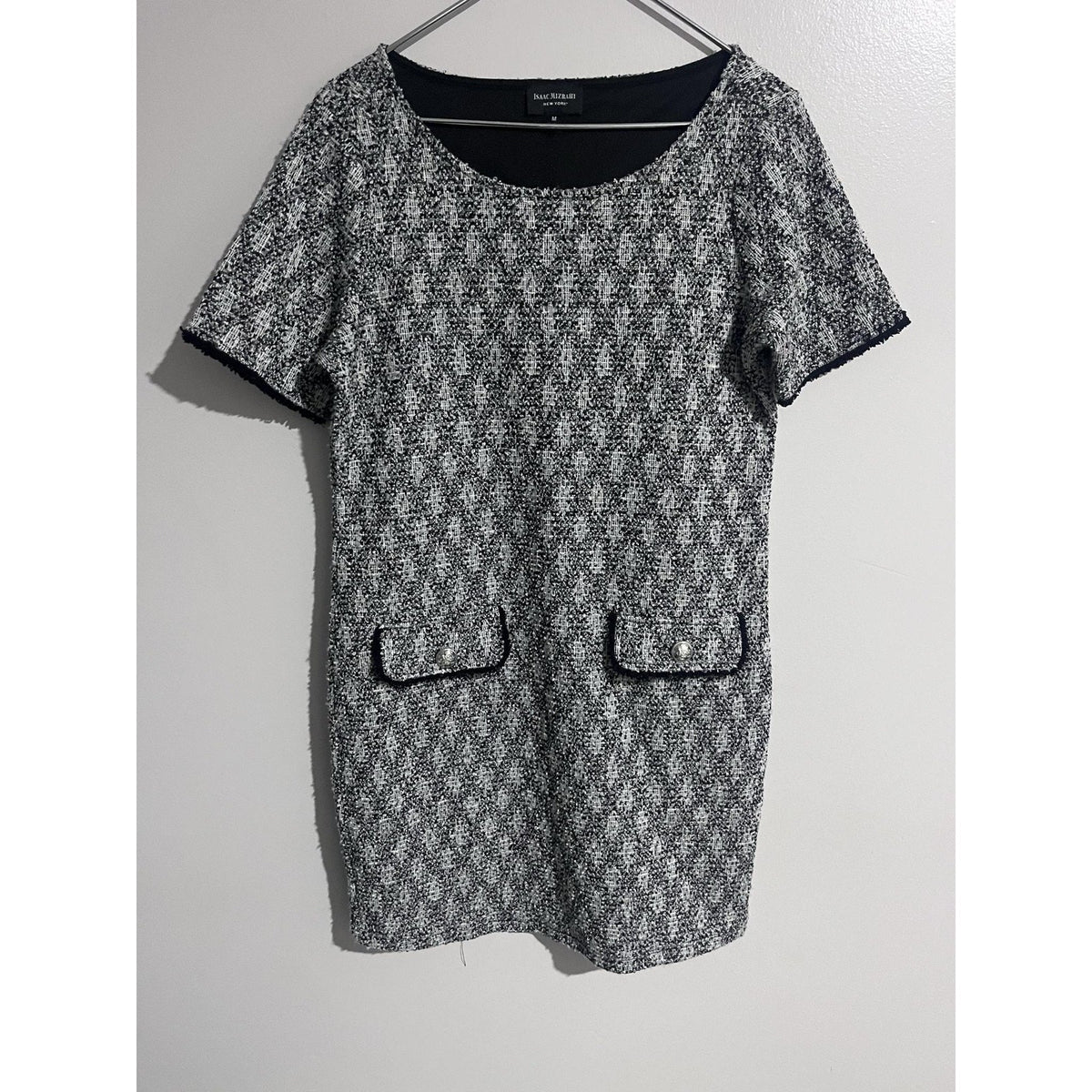 Isaac Mizrahi Dress Womens M Black Check Shift Knee Length Tweed Pockets