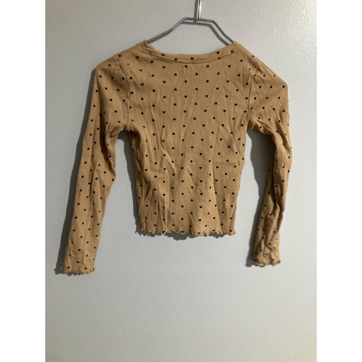 GAP Kids Shirt Girls 10-11 Years Beige Ribbed Long Sleeve Heart Print Ruffle