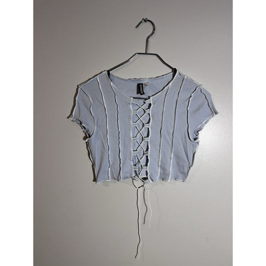 H&M Divided Baby Blue Ribbed Crop Tie Cinch Front T-Shirt Women’s Size Medium