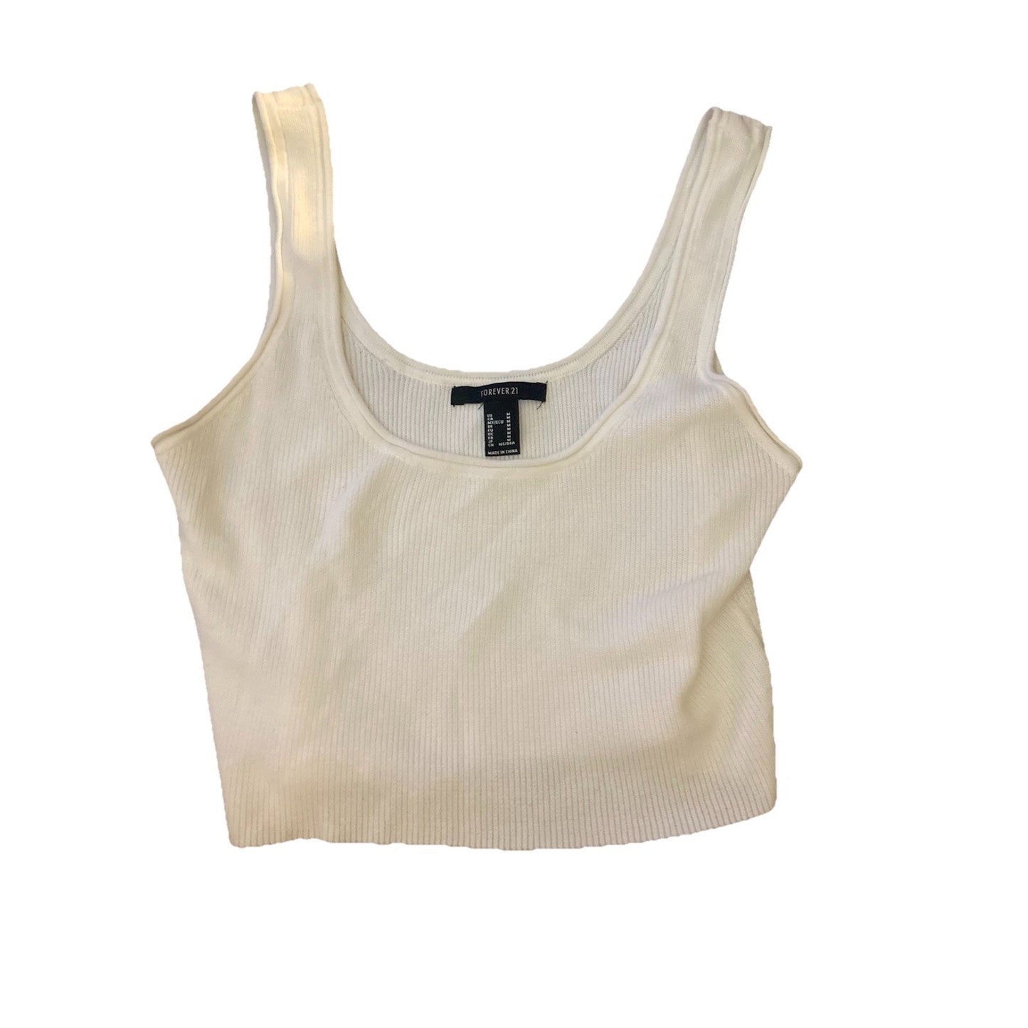 Forever 21 White Ribbed Knit Cropped Tank Top Scoop Neck Wide Strap M