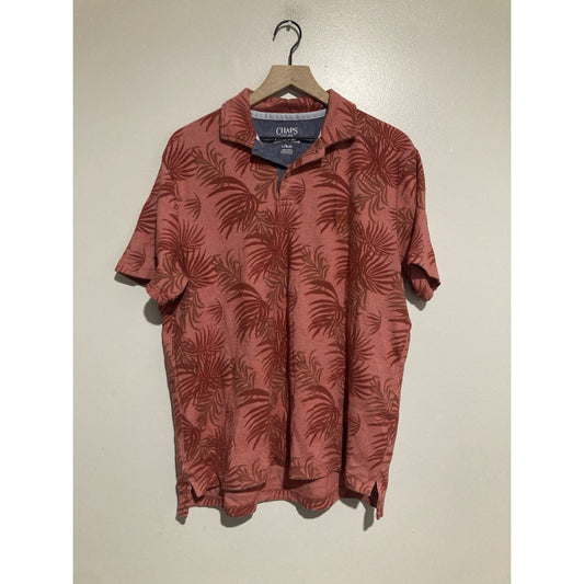 Chaps Tropical AOP Polo Mens L Red Coral Palm Leaf Seacoast Wash Hawaiian Shirt