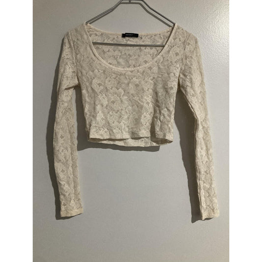 FOREVER 21 Blouse Womens S White Cropped Lace Sheer Scoop Neck Long Sleeve