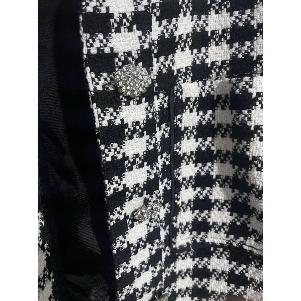 ZARA Jacket Womens S Black Tweed Check Rhinestone Button Collared Pockets