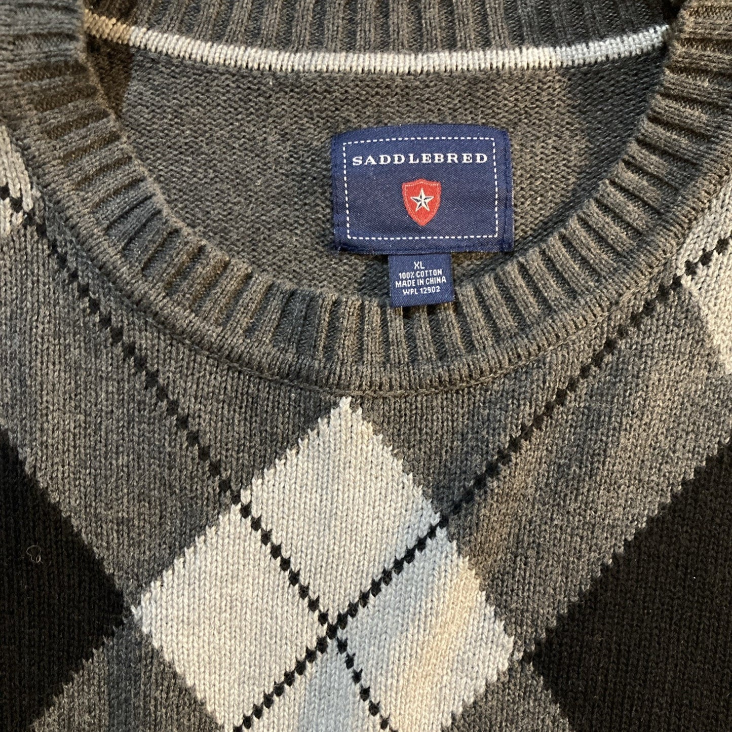Dark Academia Old Money SADDLEBRED Mens Gray Black Argyle Sweater Cotton XL