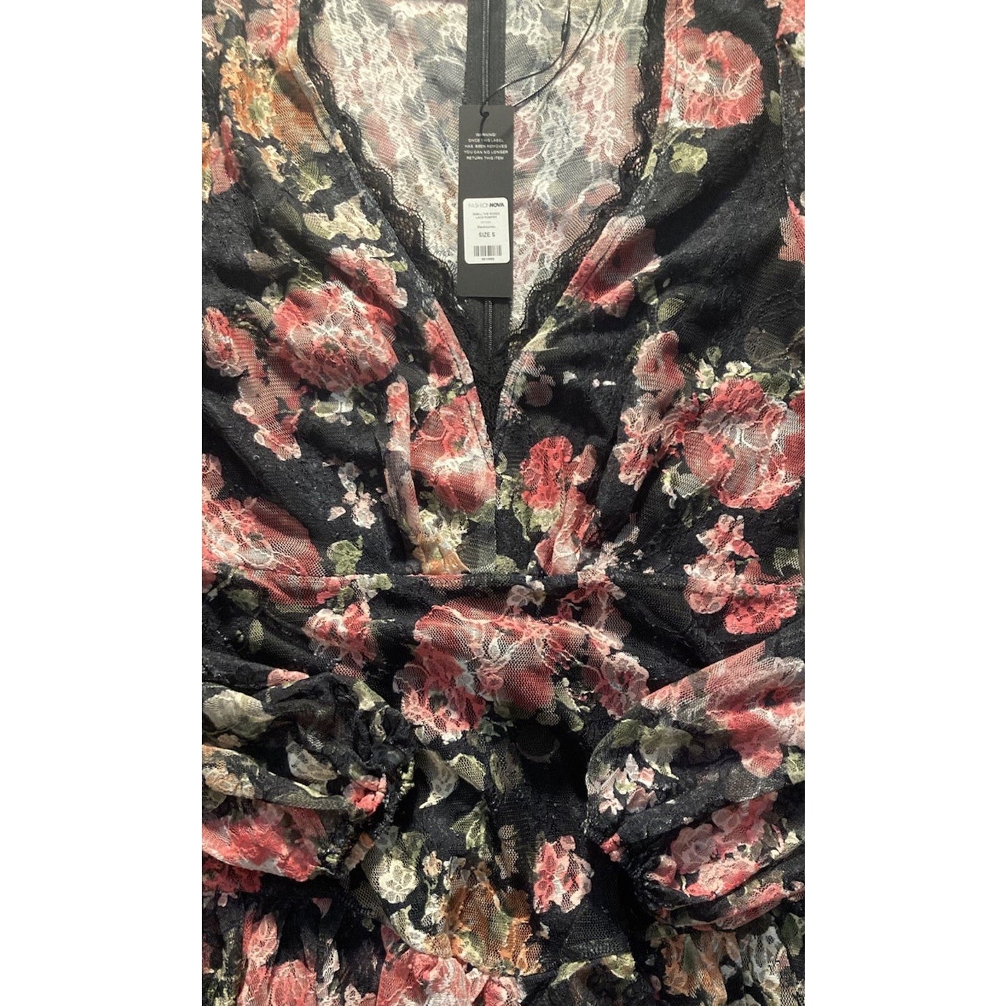 Fashion Nova Bell Sleeve Floral Ruffle Lace Romper Size S NWT