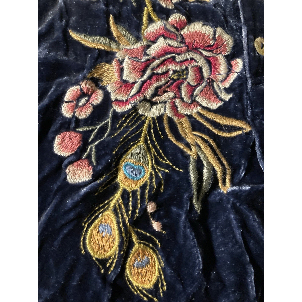 Johnny Was XS Blue Velvet Kimono Mini Dress Peacock Feather Embroidery Soft!